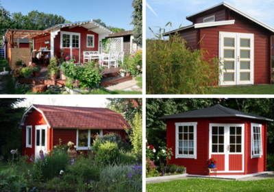 Collage mit schwedenroten Gartenhäusern