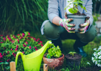 Garten im Frühling: So machst du Garten & Gartenhaus frühlingsfit Person kniet im Garten und hält Blumentopf in den Händen