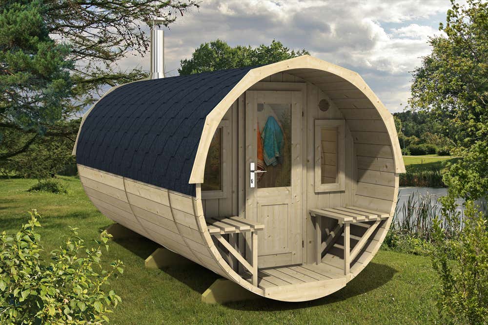 FinnTherm Fass-Sauna Max mit Harvia Holz Ofen Natur unbehandelt FinnTherm Fass-Sauna Max mit Harvia Holz Ofen Natur unbehandelt